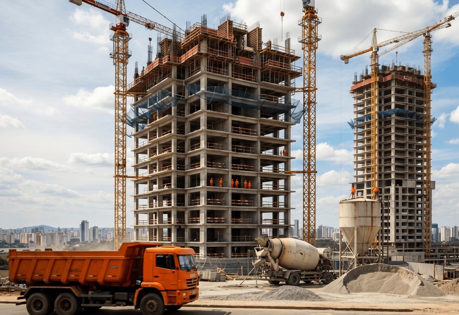 Monitoramento de obra — empreendimento em construção ao entardecer
