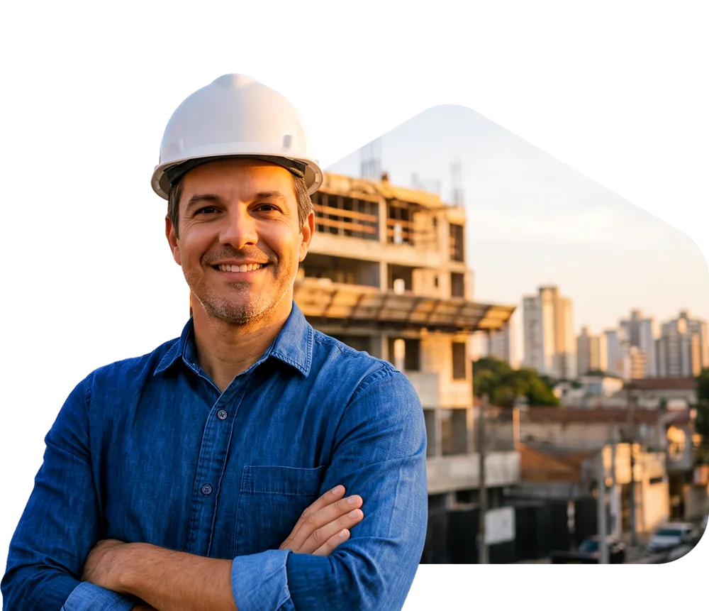 Engenheiro de capacete sorrindo em frente a um prédio em obra